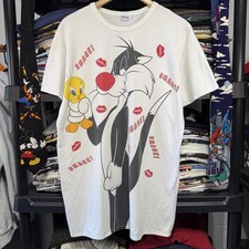 Sylvester Tweety Bird Sleep Gown White T-Shirt Size XL 1993 Looney Tunes Vintage
