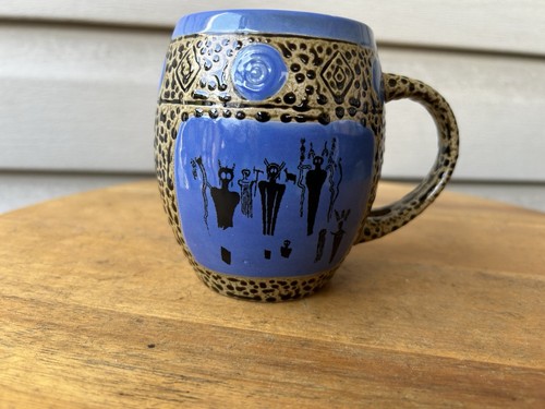 Always Azul Petroglyph Tribal Blue Textured Split Handle Art Pottery Mug 14oz