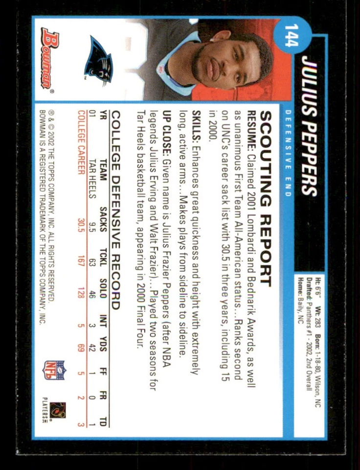 2002 Bowman #144 Julius Peppers RC - Image 2 of 2
