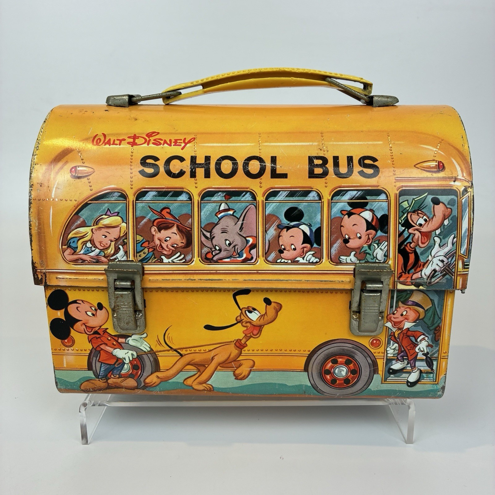 Walt Disney Aladdin Yellow School Bus Tin Lunch Box with Thermos, Vintage