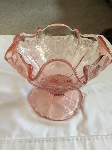 Pink Footed Ice Cream,Candy Dish Ruffle Edge Depression Glass Rose 4” Tall