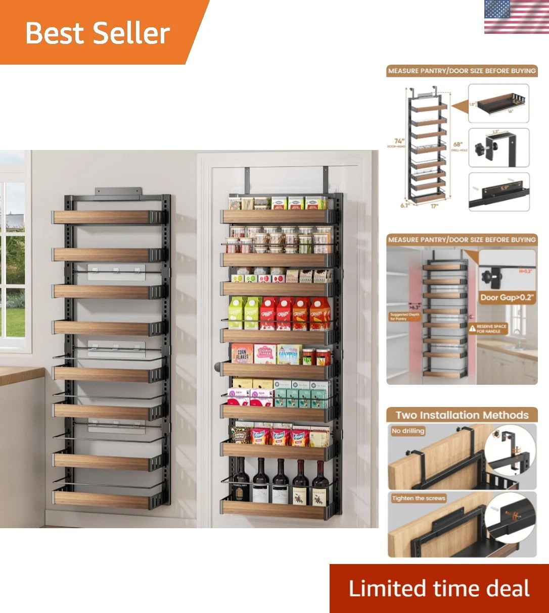 8 Tier Over The Door Pantry Organizer, 2 IN 1 Wall Mount or Hanging Spice Rac...