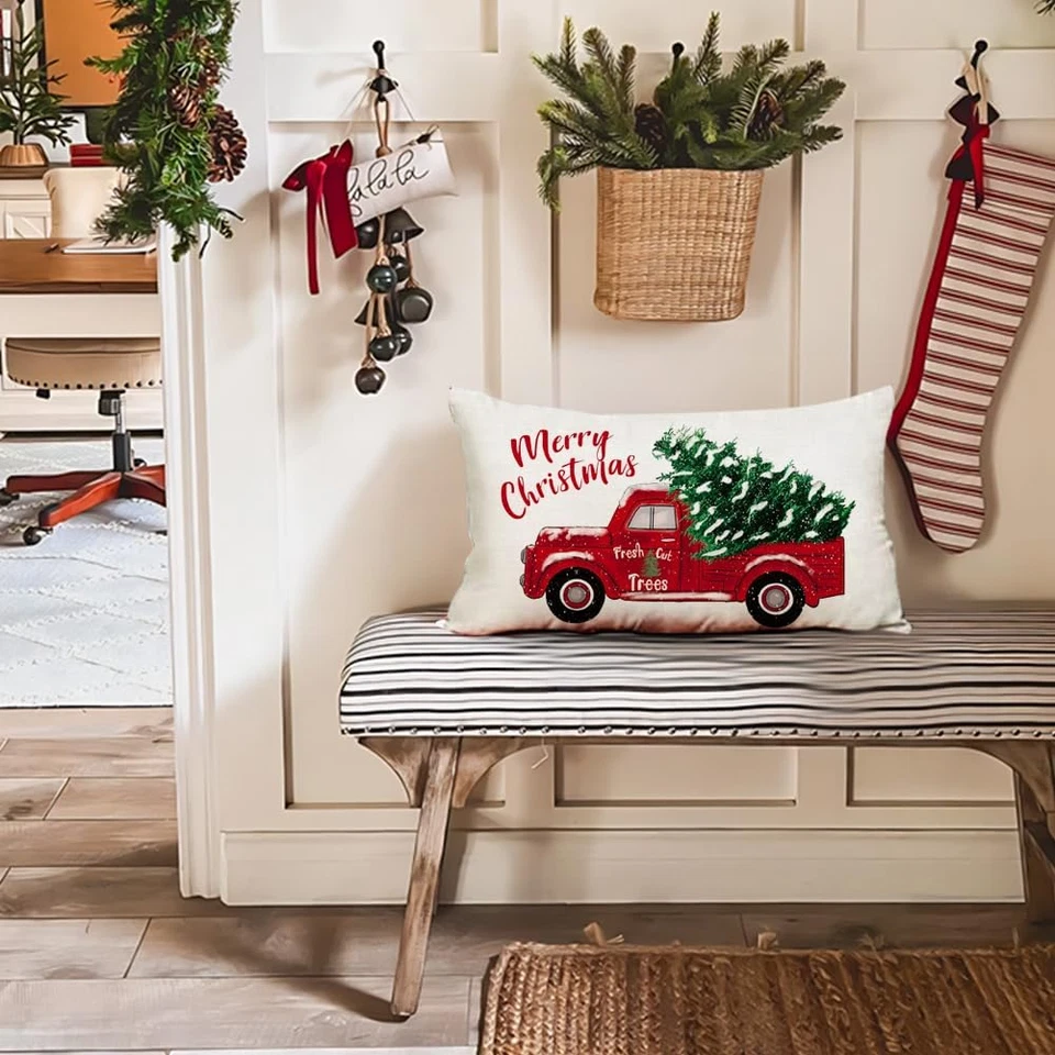 Christmas Pillow Covers Red Truck Merry Christmas Decorations Winter Decorative - Image 3 of 4