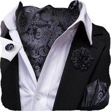 Silk Ascot for Men Self Tie Men's Cravat and Flower Lapel Pin Handkerchief Cuffl