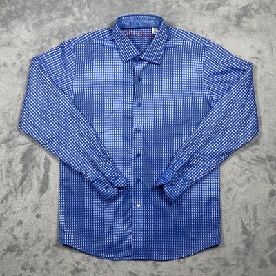 Robert Graham Boys L 14-16 Blue Check Button Up Shirt 100% Cotton Paisley