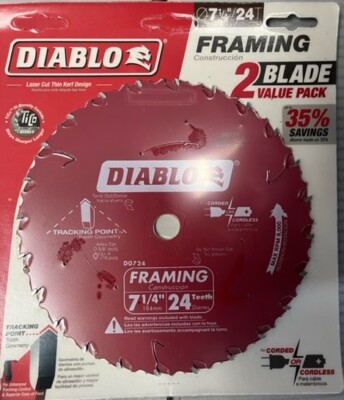 Diablo D0724VPX 7-1/4'' x 24 ATB Carbide Blade w/Diamond Knockout Arbor 2pk New