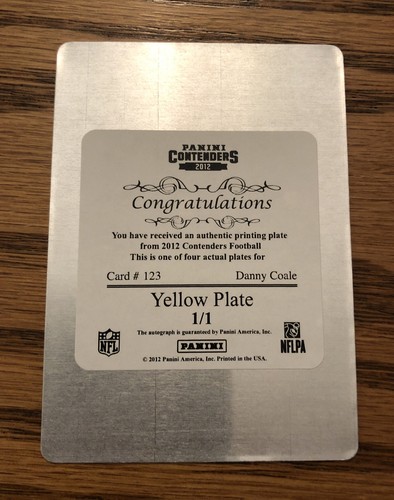 Danny Coale 2012 PANINI PLAYOFF CONTENDERS YELLOW PRINTING PLATE RC AUTO 1/1 - Picture 2 of 2