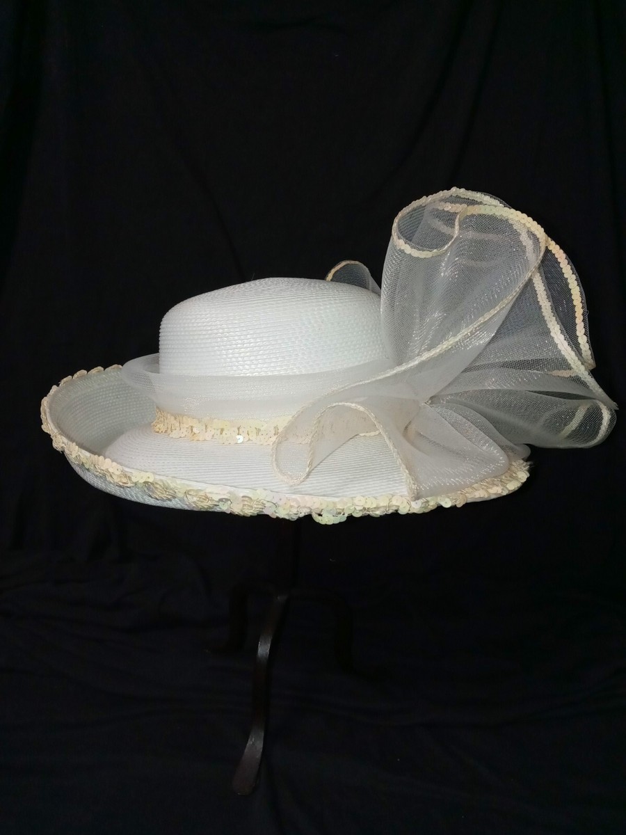 vtg White Netting/Cream Sequin Trimmed Bowler Hat sz 6.75x7  display picture 3