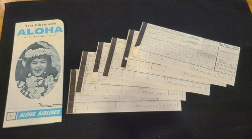 1960's Aloha Airlines Ticket Envelope Holder with 6 Sets of Used Tickets 