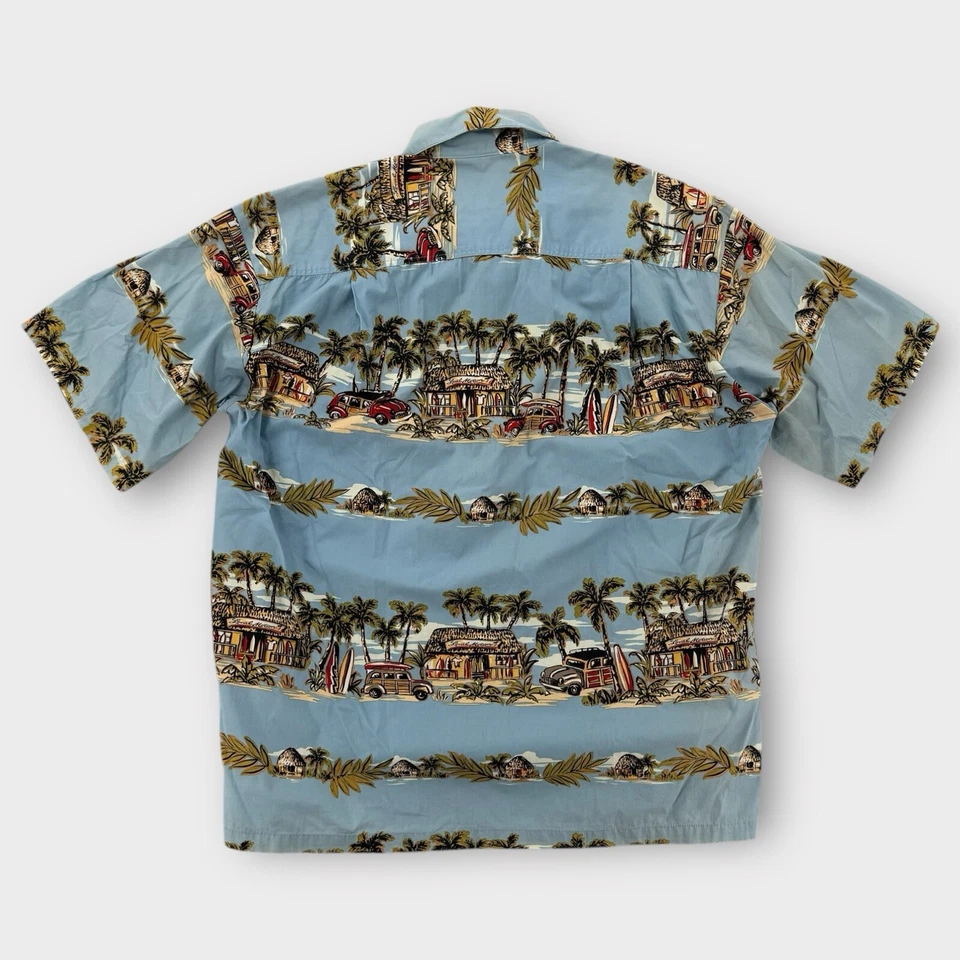 Vintage Local Motion Hawaiian Shirt Mens Large Cotton Tiki Cars Aloha Blue Camp - Image 2 of 4