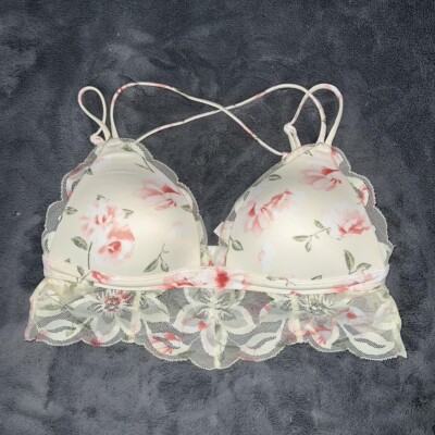 Victoria's Secret Pink Women's Cream Floral Lace Push Up Padded Bra Size S