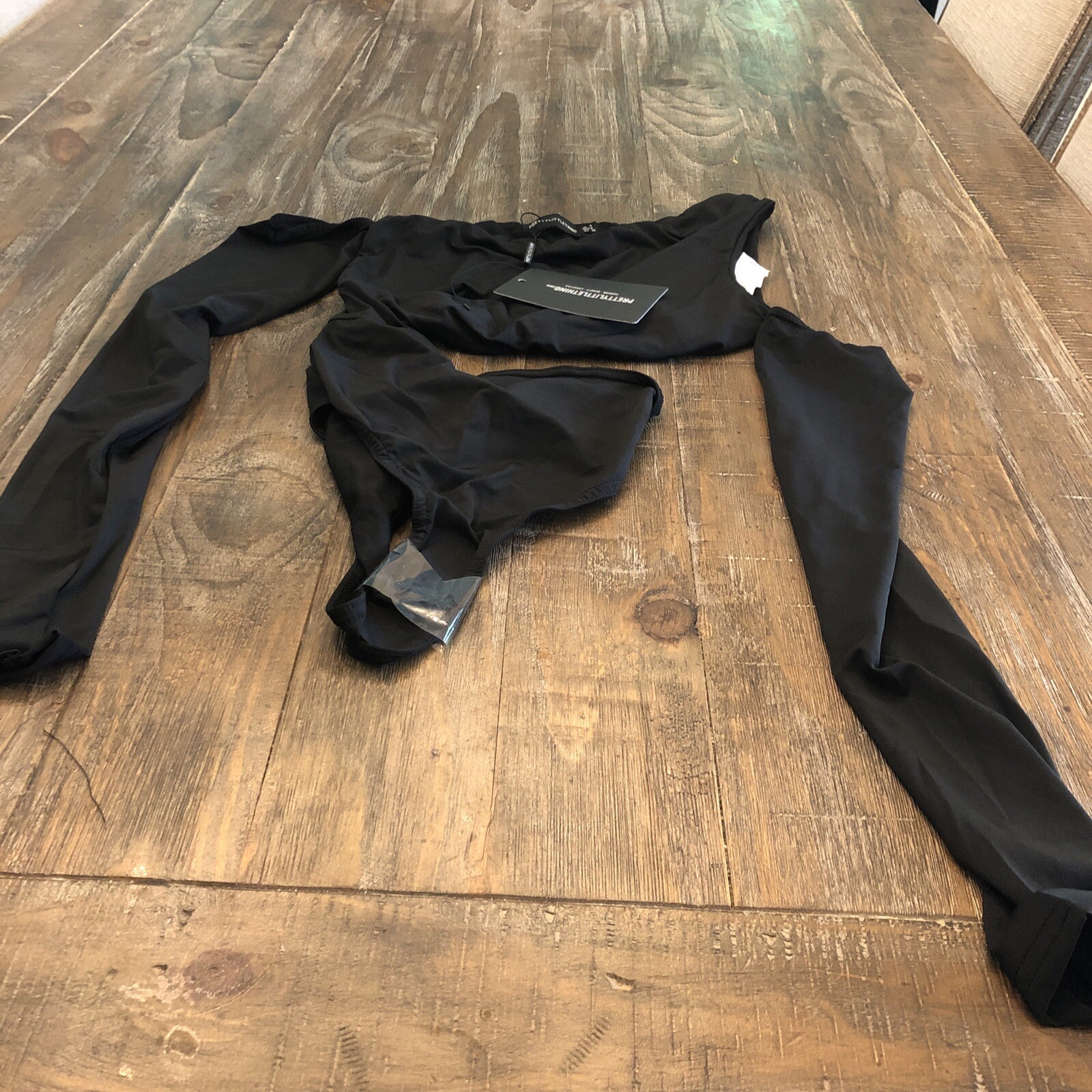 Pretty Little Thing Black Slinky Bardot Thumb Hole Cutout Body Suit Size UK  4 | eBay
