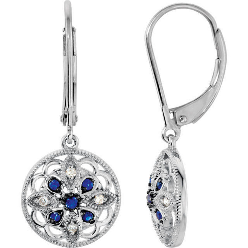 Sterling Silver Blue Sapphire Diamond Granulated Filigree Leverback Earrings Sterling Silver Blue Sapphire Diamond Granulated Filigree Leverback Earrings