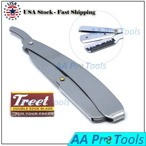 Stylish Barber Razor Straight Edge Silver Steel Handle W/ FREE BTS-343 - Picture 2 of 3