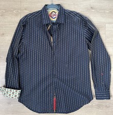 Robert Graham Dress Shirt Mens Navy Blue Gold Striped 100 Cotton Size XL
