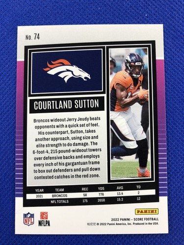 2022 #74 Courtland Sutton Panini Score Football - Picture 2 of 2