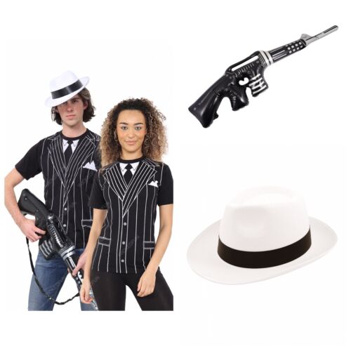 Adults 3pc Gangster 80s 90s Pimp Costume Fancy Dress Outfit Hat Gun T-shirt - Afbeelding 1 van 7