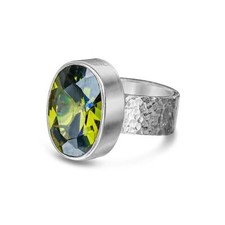 925 k Silver Hammered Wide Band Turkish Green Peridot Gemstone Ring By Omer
