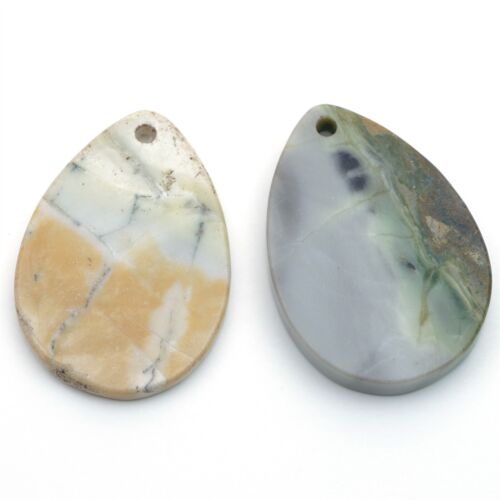 2 flat Picasso jasper teardrop pendants front drill green grey stone avg 39mm - Picture 2 of 5
