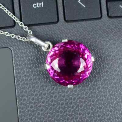 Natural Pink Sapphire Pendant 31.52 Ct+ Round Cut 925 Solid Silver Gift For GF !