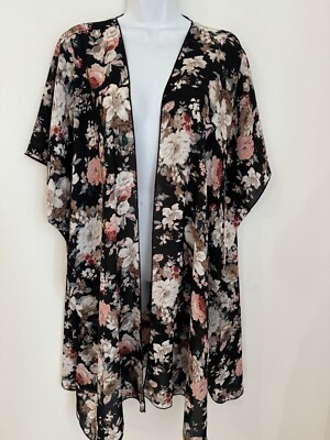 RD Style Women Black Floral Kimono Duster Topper Coverup Beach Summer Size S