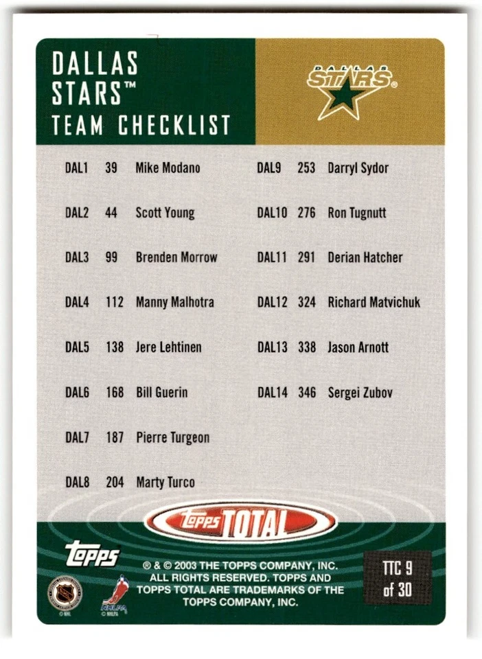 2002-03 Topps Total CL Mike Modano #TTC9 Dallas Stars - Image 2 of 2