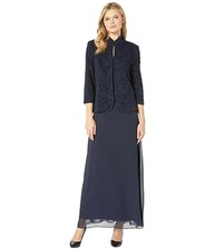 Alex Evenings Navy Blue Jacquard Knit Sheath Dress Jacket Size 16 209