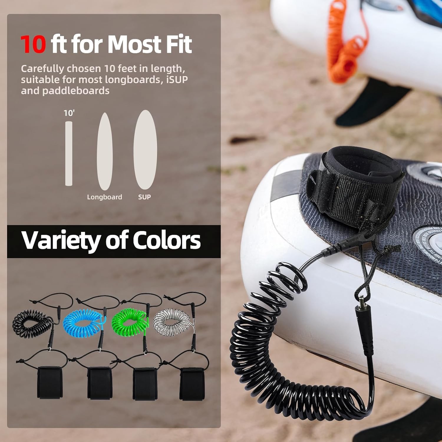Coil SUP Leash 10 FT Coiled Paddle Board Black Lite for Surfing