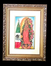 Our Lady of Guadalupe Virgin Mary Gold Frame 3D Relief Art Plaster Sculpture Vtg
