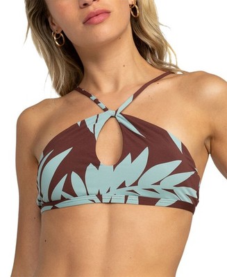 Roxy Women's Juniors' Palm Cruz Keyhole Bralette Bikini Top (Blue/Brown, Large)