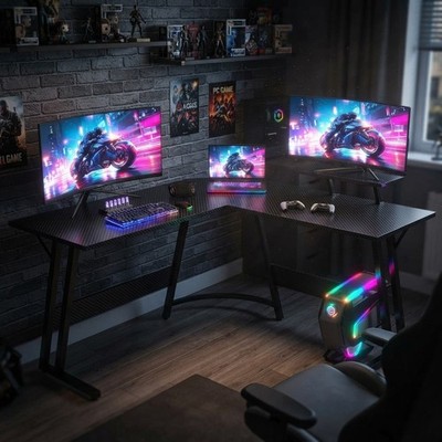L-förmiger Gaming Schreibtisch mit abnehmbarem Monitorständer, 120x120cm Kohlefaser schwarz