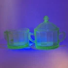 Vintage Uranium Green Depression Glass Creamer & Covered Sugar Bowl Set Glows