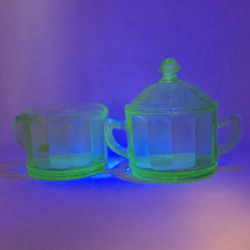 Vintage Uranium Green Depression Glass Creamer & Covered Sugar Bowl Set Glows