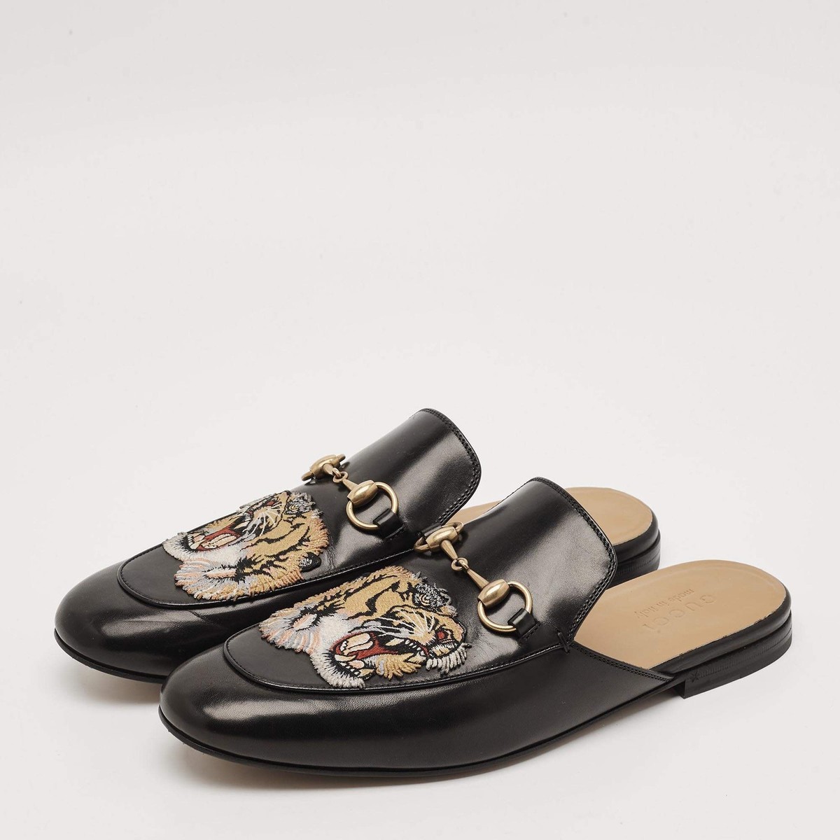 Gucci Princetown Size 43 Black Leather Tiger Embroidered Horsebit