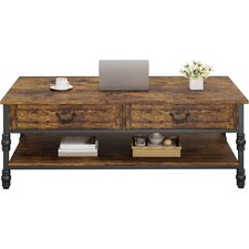 41" Farmhouse Coffee Table w/ 2 Drawers Open Shelf for Living Room, Retro Style
