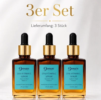 Demure Vitamin C Serum 3 Stück Set 15% Hyaluronsäure Vitamin E 3x30ml - Bild 1 von 2