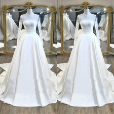Romantic Wedding Dresses Lace High Neck Long Sleeves A Line Satin Bridal Gowns