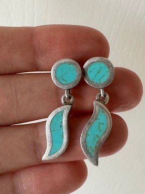 950 Sterling Silber Mexiko Türkis Ohrringe Ohrhänger Vintage signiert TM-312 Inlay