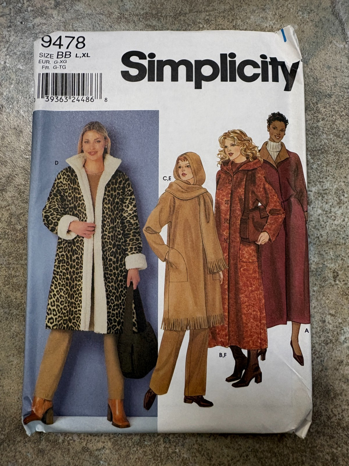 Simplicity 9478 sewing pattern: Misses COATS, BAG, SCARF Sizes L-XL,  UNCUT