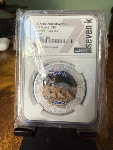 2022 Cook Islands Silver Delaware Grey Fox $5 State Animal NGC MS 70 -