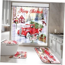 Christmas Bathroom Sets with Shower Curtain and Rugs, Christmas Red Truck 