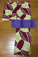 Cotton-linen yukata and half-width obi set Yukata with abstract red and