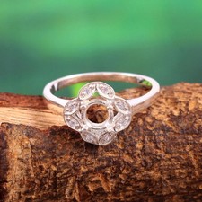 5mm Round Halo Semi Mount Ring 925 Sterling Silver Floral CZ Setting Ring