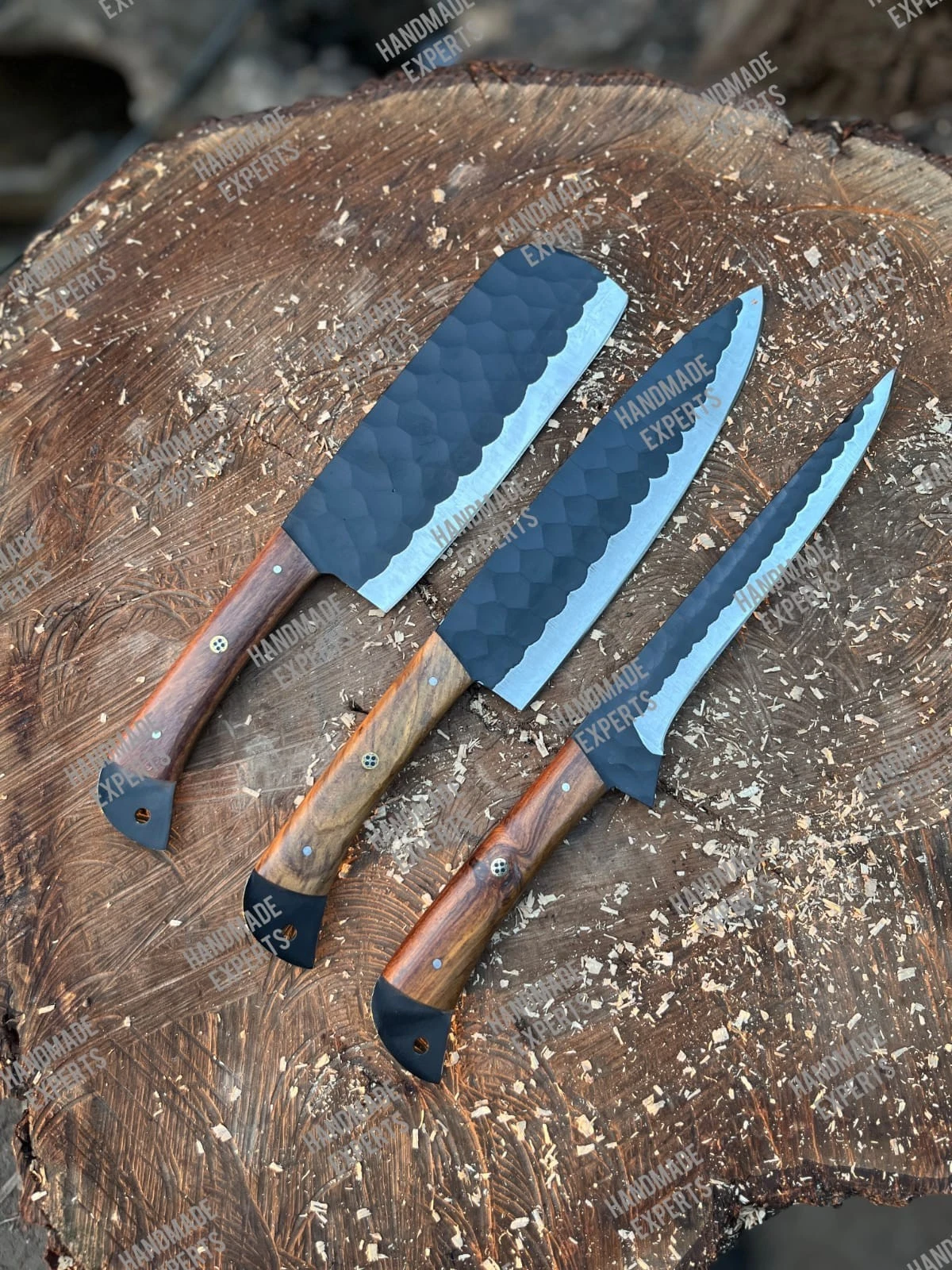 Kitchen Knife Set of 3 Carbon Steel Non-Stick Coating Chef Knife wood handle