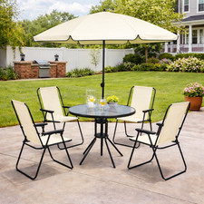 4 Seater Garden Dining Set with Parasol – Cream Folding Patio Table & Chairs Out
