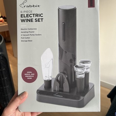 Rabbit 6 Piece Electric Wine Set Black Clear  New in Box Orig $40