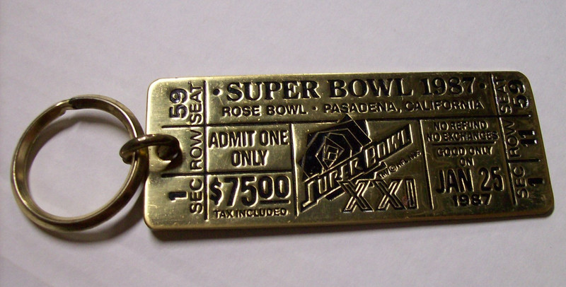 Vintage 1987 Super Bowl XXI Brass Key Chain Ticket Stub Broncos Vs Giants NFL 4"