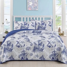 DJY Blue Quilt Set Queen Coastal Beach Quilt Coverlet Set Nautical Seahorse B...