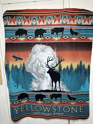 Yellowstone National Park Fleece Throw Blanket Machine Washable Elk Bear Buffalo