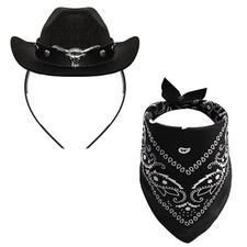 Mini Cowboy Hat Mini Cowgirl Hat Headbands for Women with Bandana Novelty Black